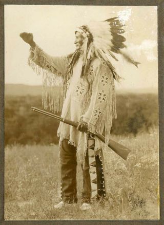Native American Indian In Feather Headdress With Shotgun Rifle Antique Photo
