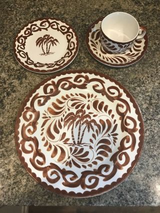 Vintage 16 Pc Set Anfora Mexico Ceramic Pintado A Mano Brown Palm Tree 2