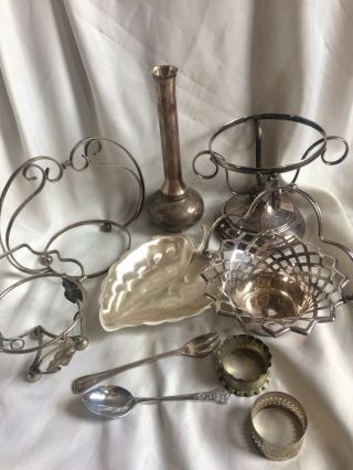 Vintage Silver Plate & Other Cutlery Items,  Spoon,  Dishes,  Vase,  Etc,  10 Item