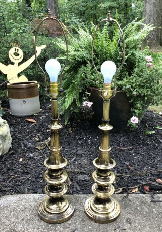 2 Vintage Matching Brass Table Lamp Set Of 2 Pair Heavy Stiffel? W/ Harps