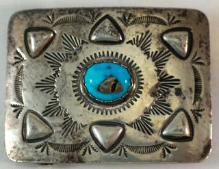 Vintage Hand Made Navajo Sterling Silver & Turquoise Metallic Piece Belt Buckle