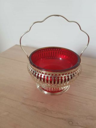 Vintage Silver Plated & Red Glass Sugar Bowl Missing The Spoon