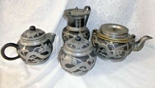Wei Hai Wei Black Clay Pewter Dragon Tea Set,  2 Pots With Creamer And Sugar