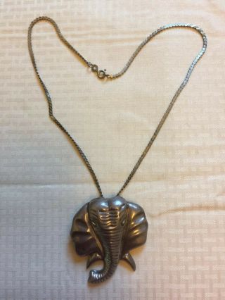 Vtg Lucky Gift 50 ' s Large Taxco Mexico Sterling Silver Elephant Pendant Necklace 3