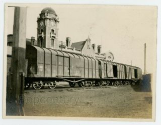 China 1920 Photograph Peiping Peking Railroad Station Building Box Cars Photo