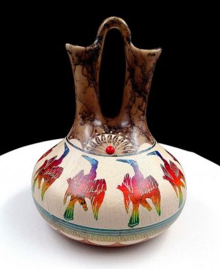 Hilda Whitegoat Navajo Pottery Horse Hair Bird Carved 7 7/8 " Wedding Vase