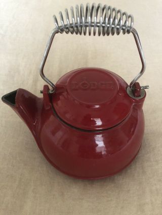Vintage LODGE Cast Iron HI - TOP TEA KETTLE Vaporizer Spring Handle Swivel Lid RED 2