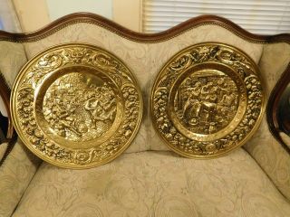 Huge Pair Vintage Brass Wall Plaque North Wind 23 " Tavern Scene England Charger