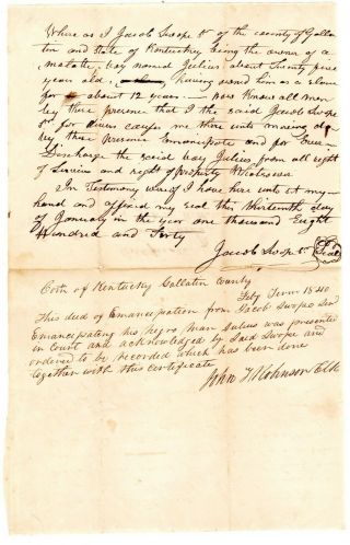 1840 Ky Deed Of Emancipation Manumission Mulatto Boy Julius; Freedom Doc 