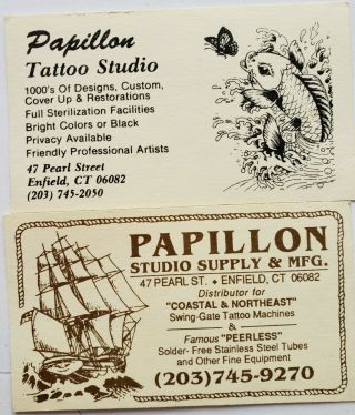 2 Vintage 70s Tattoo Business Cards Papillion Studio Supply Enfield Ct