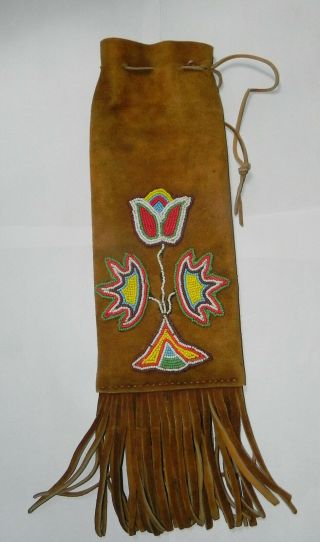 Vintage Native American Beaded Buckskin Leather Bag.  Large.