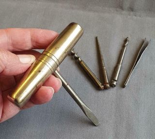 Vintage Brass Barrel Pocket Multi Tool Corkscrew Screwdriver Bradawl Tweezers