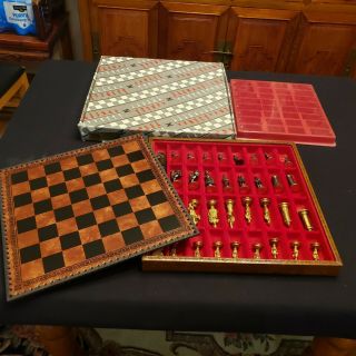 Vintage Leather Chess & Backgammon Pewter Set W/ Box Made In Italy