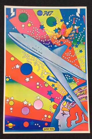 Vintage Peter Max Psychedelic Pop Art Poster - Pan Am - 747