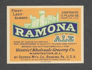 Ramona Ale Beer Label,  Irtp,  U - Permit,  Deppen,  Reading,  Pa,  Washington,  Dc