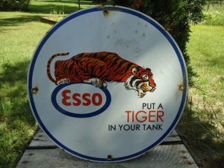 Old Vintage 1962 Esso Tiger Gasoline Porcelain Enamel Gas Pump Advertising Sign