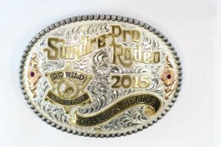 Sundre Pro Rodeo 2015 Champion Header Gist Belt Buckle Silver Overlay