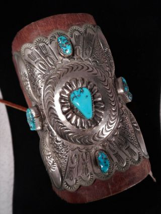 Native American Navajo Nickel - Silver & Turquoise Ketoh Bow Wrist Guard Bracelet