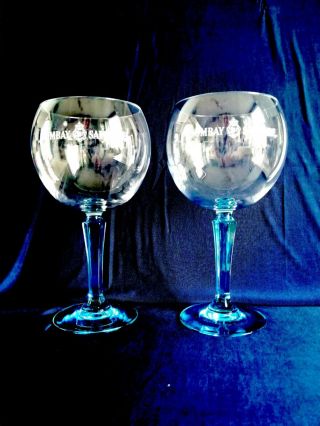 2 X Bombay Sapphire Gin Huge Balloon Glasses Engraved Blue Glass Stem & Foot
