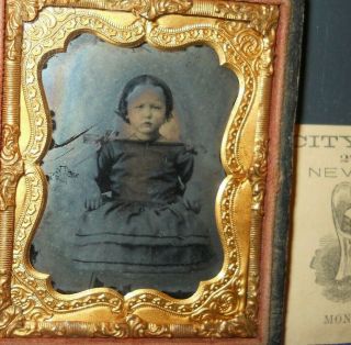 1/9th Size Ruby Ambrotype Of Young Girl With Ad In Half Case