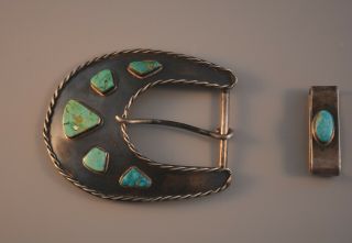 Large Old Pawn Navajo Indian Silver Belt Buckle W Loop - 6 Turquoise - 3.  5 " X 3 "