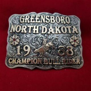 1988 Rodeo Trophy Buckle Vintage Greensboro North Dakota Bull Ride Champion 675