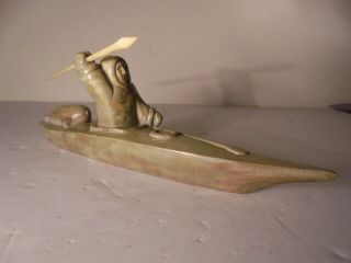 Vintage Carved Hunter On Kayak Eskimo W/ Harpoon Inuit Sculpture Figure Stone