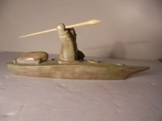 Vintage Carved Hunter on Kayak Eskimo w/ Harpoon Inuit Sculpture Figure Stone 2