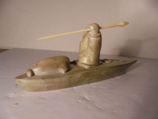 Vintage Carved Hunter on Kayak Eskimo w/ Harpoon Inuit Sculpture Figure Stone 3