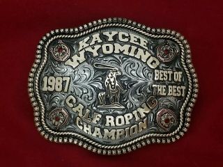 1987 Rodeo Trophy Belt Buckle Kaycee Wyoming Calf Roping Champion Vintage 882