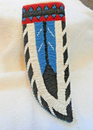 Beaded Native American Knife Sheath Brain Tanned Hide,  Blue Eagle Feather Design