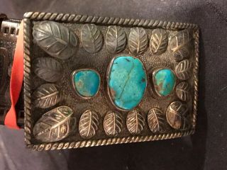 Native American Turquoise Sterling Silver Belt Buckle Signed Shelhart W/leather