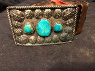 Native American Turquoise Sterling Silver Belt Buckle Signed Shelhart W/Leather 2