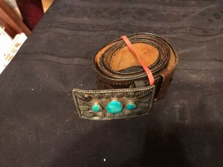 Native American Turquoise Sterling Silver Belt Buckle Signed Shelhart W/Leather 3