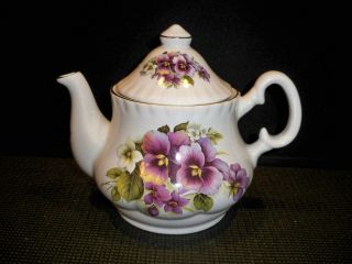 Vintage Golden Crown Teapot Purple White And Green Florals England 7 1/2