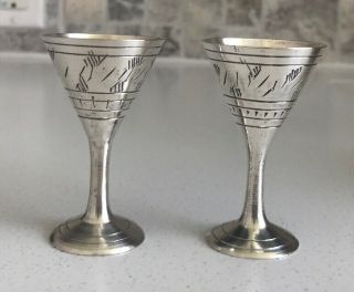 Set Of 2 Vintage Silver Plated Mini Goblets Liqueur Wine Cordial 2 5/8” Tall