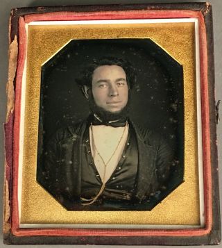 1/6 Plate Daguerreotype Of Young Bearded Gent,  Gold Chain,  No Wipe Marks