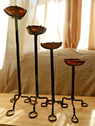 Set 4 Vintage Copper Hand Forged Iron Pilar Candle Holders Twisted Stem 9 " - 18 "