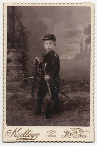 Cabinet Card Of Boy Playing Soldier With Kepi,  Rifle And Tricycle - Great Image