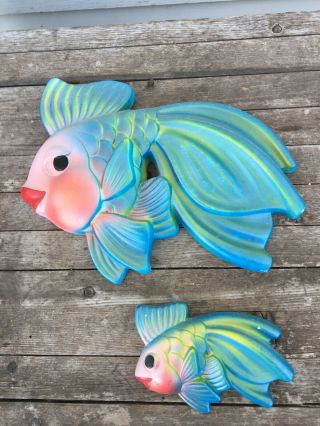 2 Vintage Plaster Chalk Ware Fish Wall Hangings Plaques Mom And Baby