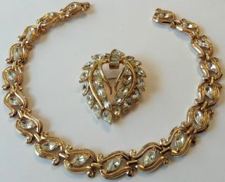 Vintage Crown Trifari Signed Clear Rhinestone Necklace And Brooch 5f