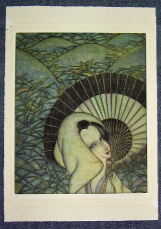 Masao Yoshida Japanese Etching Print Woman With Umbrella