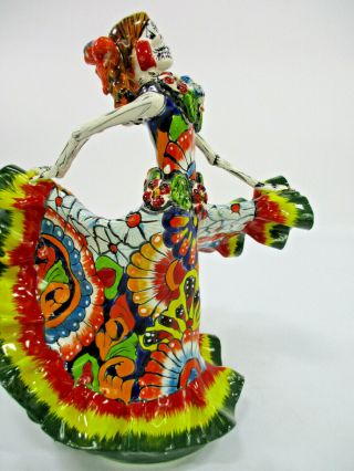 11 " Talavera Catrina With Dancing Dress,  Mexican Colorful Day Of The Dead Figure