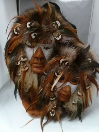 Native American Indian Spirit Mask Fur Leather Wall Hanging Frontier Glass Eyes