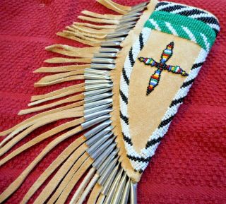 Beaded Native American Knife Sheath,  Brain Tanned Buckskin,  Apache Rope 6 1/4 "
