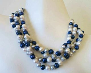 Vintage Flapper Pearls Blue White Silver Rope Necklace 62 "