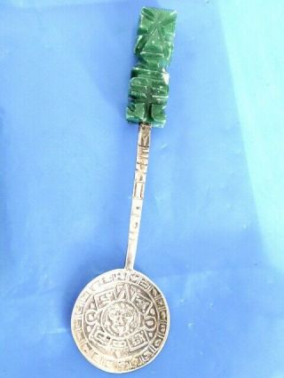 Vintage Sterling Silver Carved Green Onyx Face Gods Design Mexico Souvenir Spoon