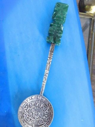 VINTAGE STERLING SILVER CARVED GREEN ONYX FACE GODS DESIGN MEXICO SOUVENIR SPOON 2