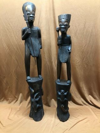 Two Vintage Antique African Wood Hand Carved Sculpture Figures Heavy 27 " & 24 "