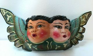 Mexican Folk Art Carved Wood Double Face Angel Cacheton Wall Hanging Colonial 17